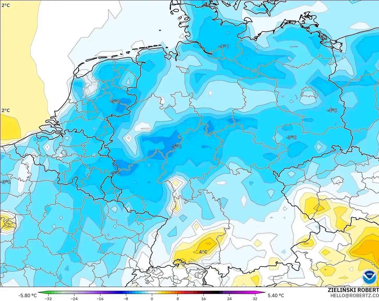 GFS modelo - Alemania, Anomalía de temperatura a 2 m