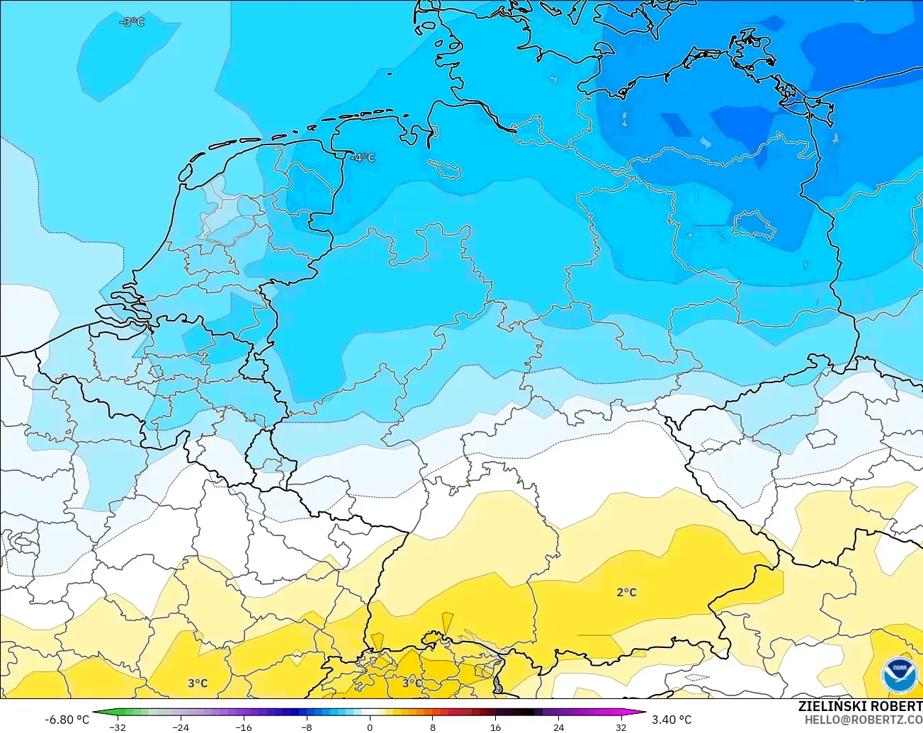 GFS modelo - Alemania, Anomalía de temperatura a 850 hPa