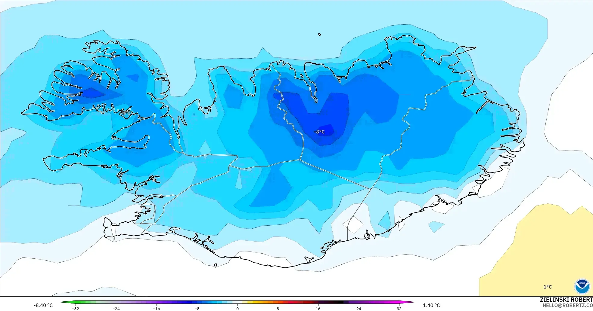 GFS modelo - Islandia, Anomalía de temperatura a 2 m
