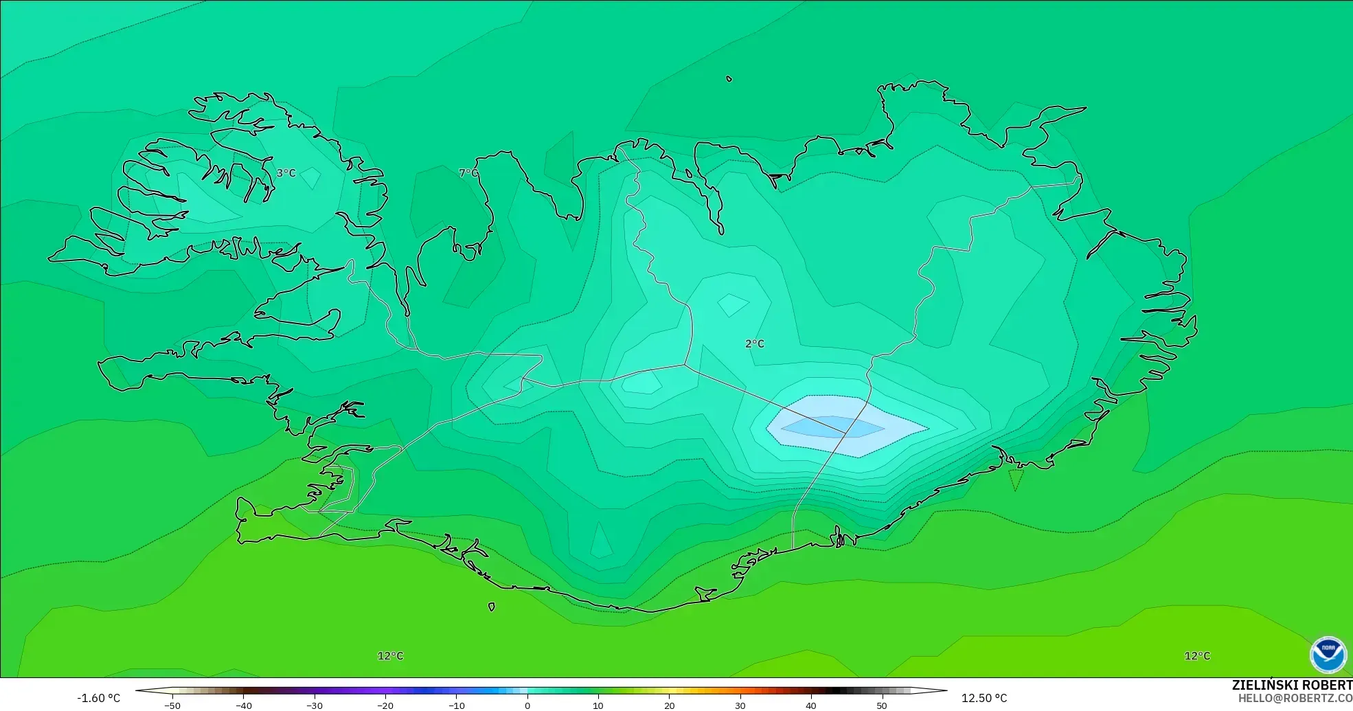 GFS modelo - Islandia, Temperatura a 2 m
