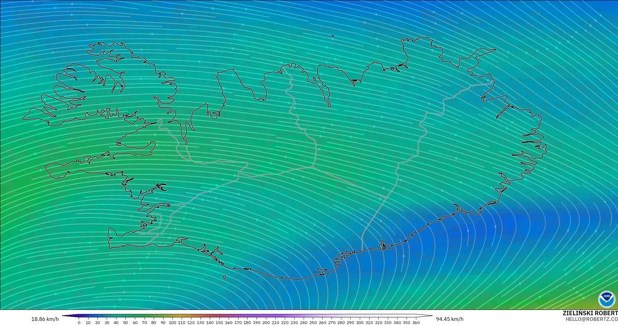 GFS modelo - Islandia, Viento a 300 hPa (corriente en chorro)