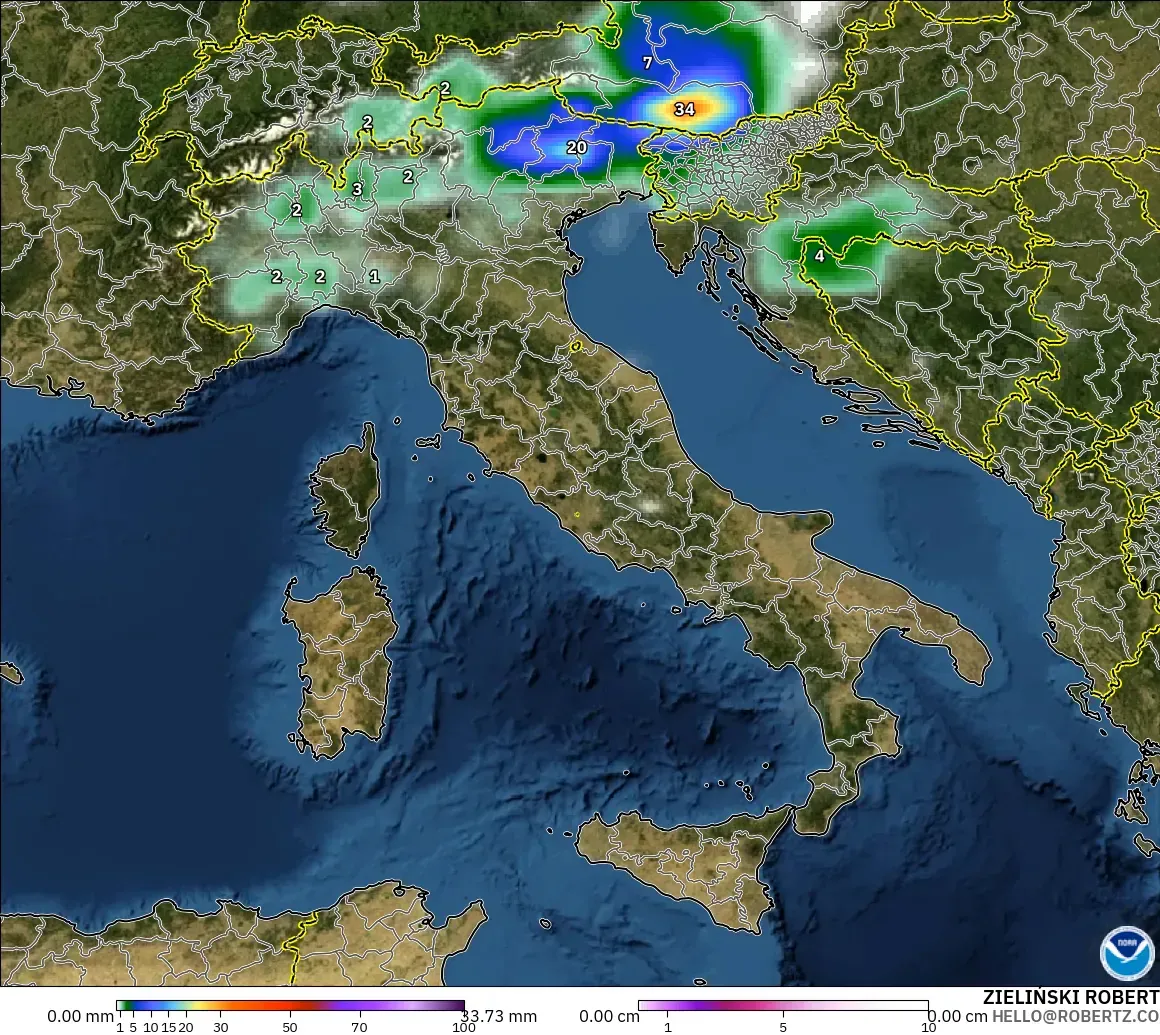GFS modelo - Italia, Precipitación, nubes y presión