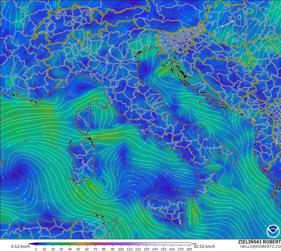 GFS modelo - Italia, Viento a 10 m