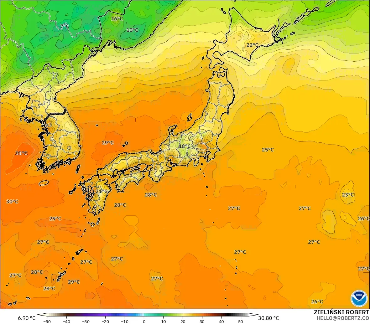 GFS modelo - Japón, Temperatura a 2 m