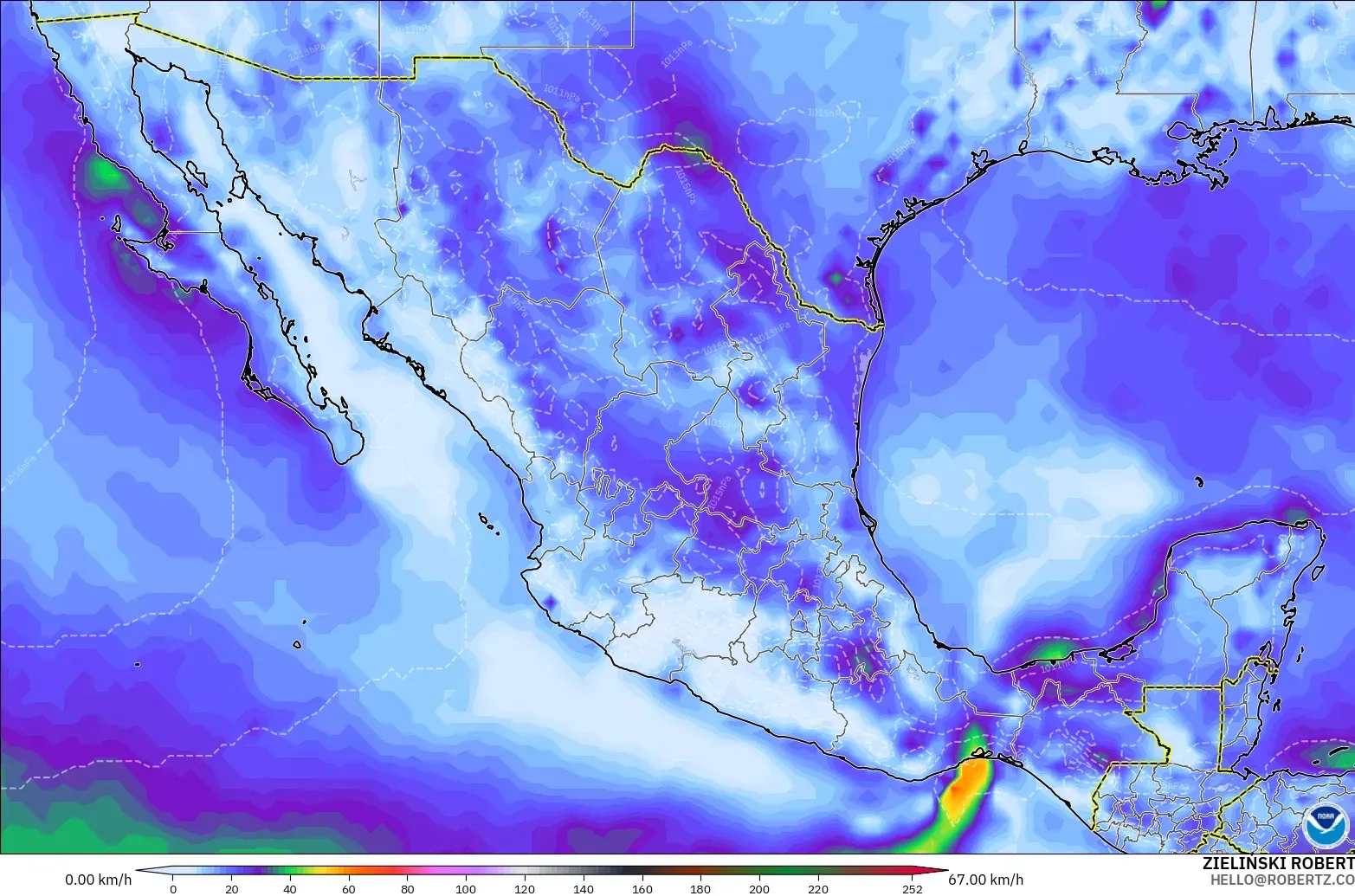 GFS modelo - México, Ráfagas de Viento Máximas
