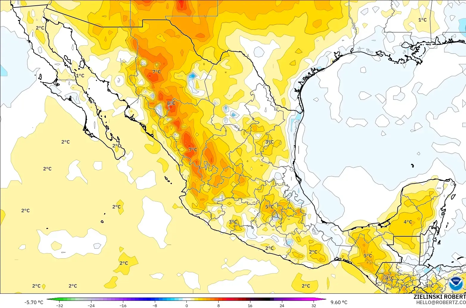 GFS modelo - México, Anomalía de temperatura a 850 hPa