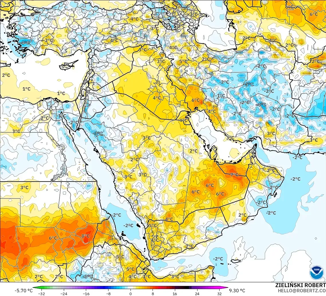 GFS modelo - Oriente Medio, Anomalía de temperatura a 2 m