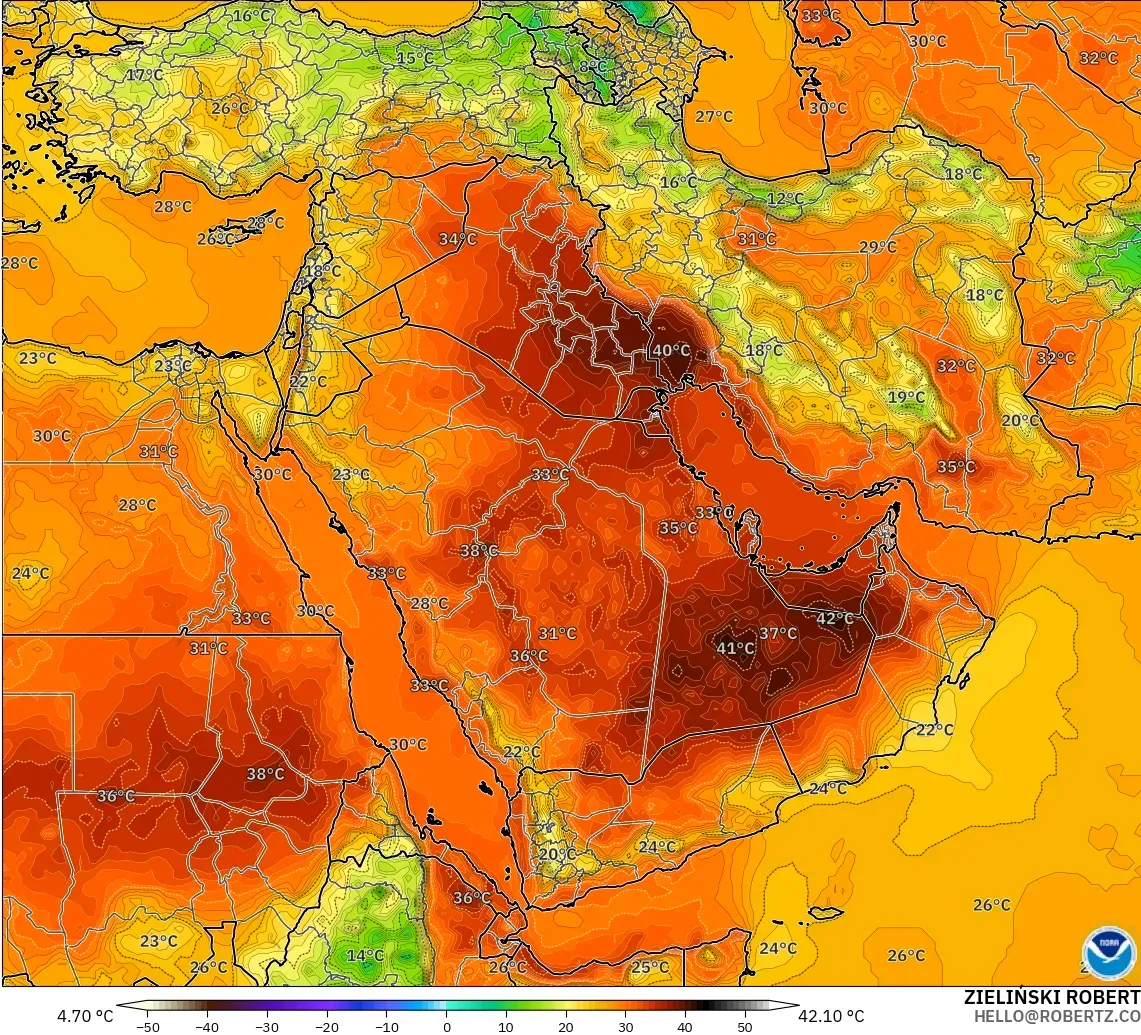 GFS modelo - Oriente Medio, Temperatura a 2 m