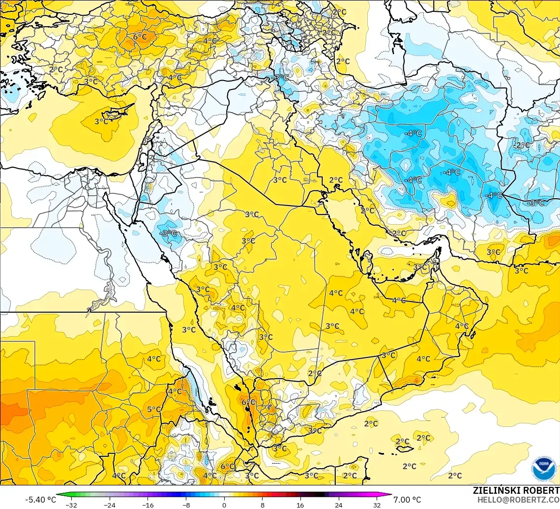 GFS modelo - Oriente Medio, Anomalía de temperatura a 850 hPa