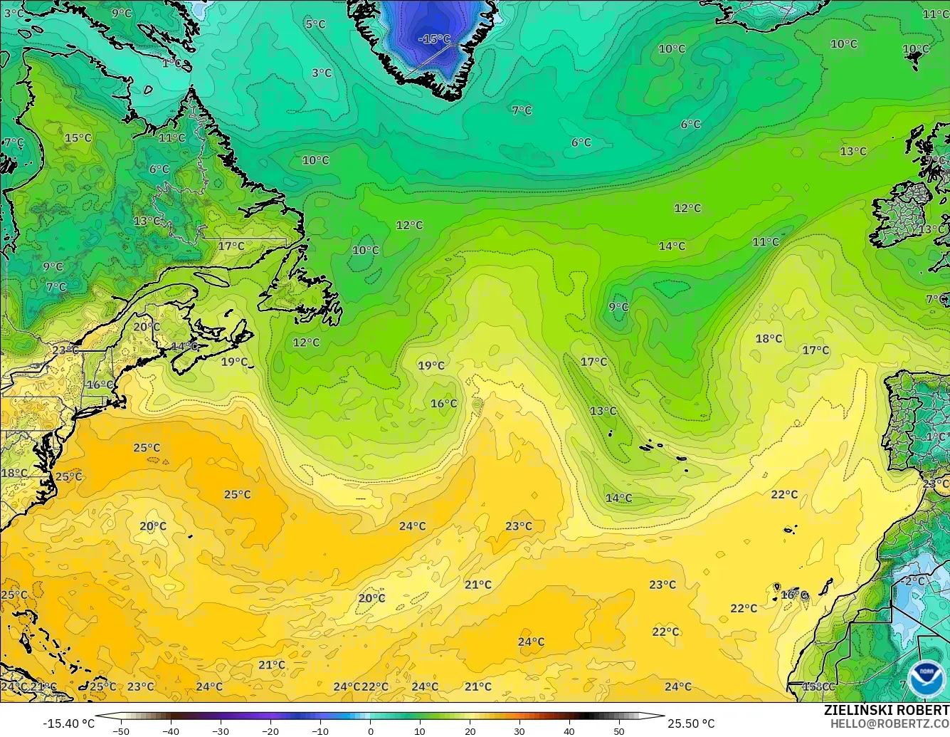 GFS modelo - Norte Atlántico, Punto de rocío a 2 m