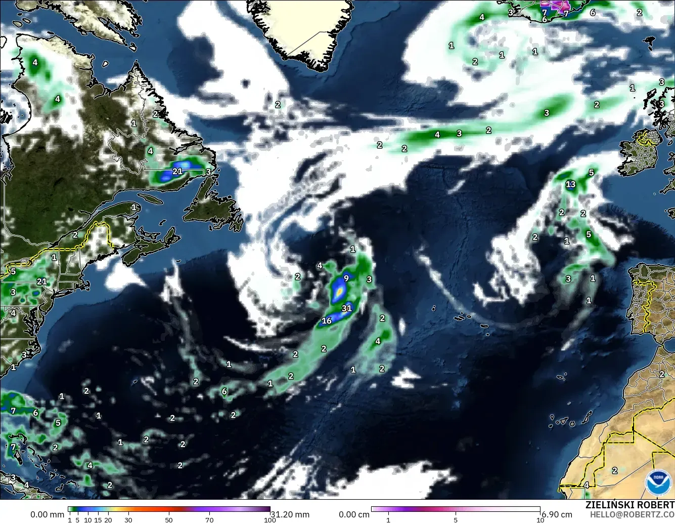 GFS modelo - Norte Atlántico, Precipitación, nubes y presión