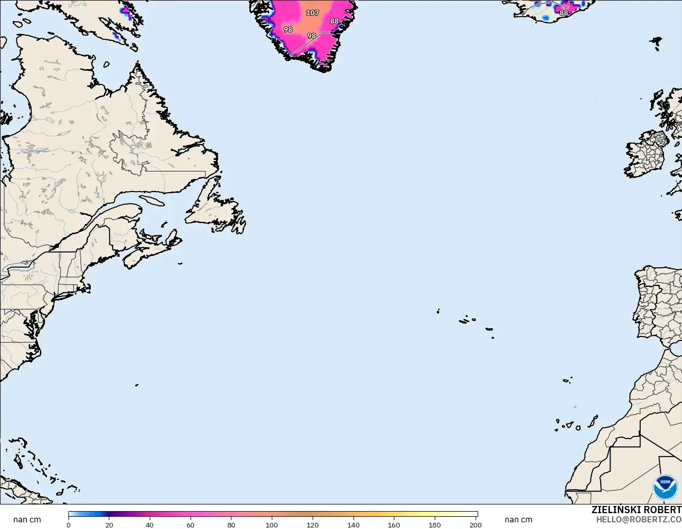GFS modelo - Norte Atlántico, Profundidad de nieve