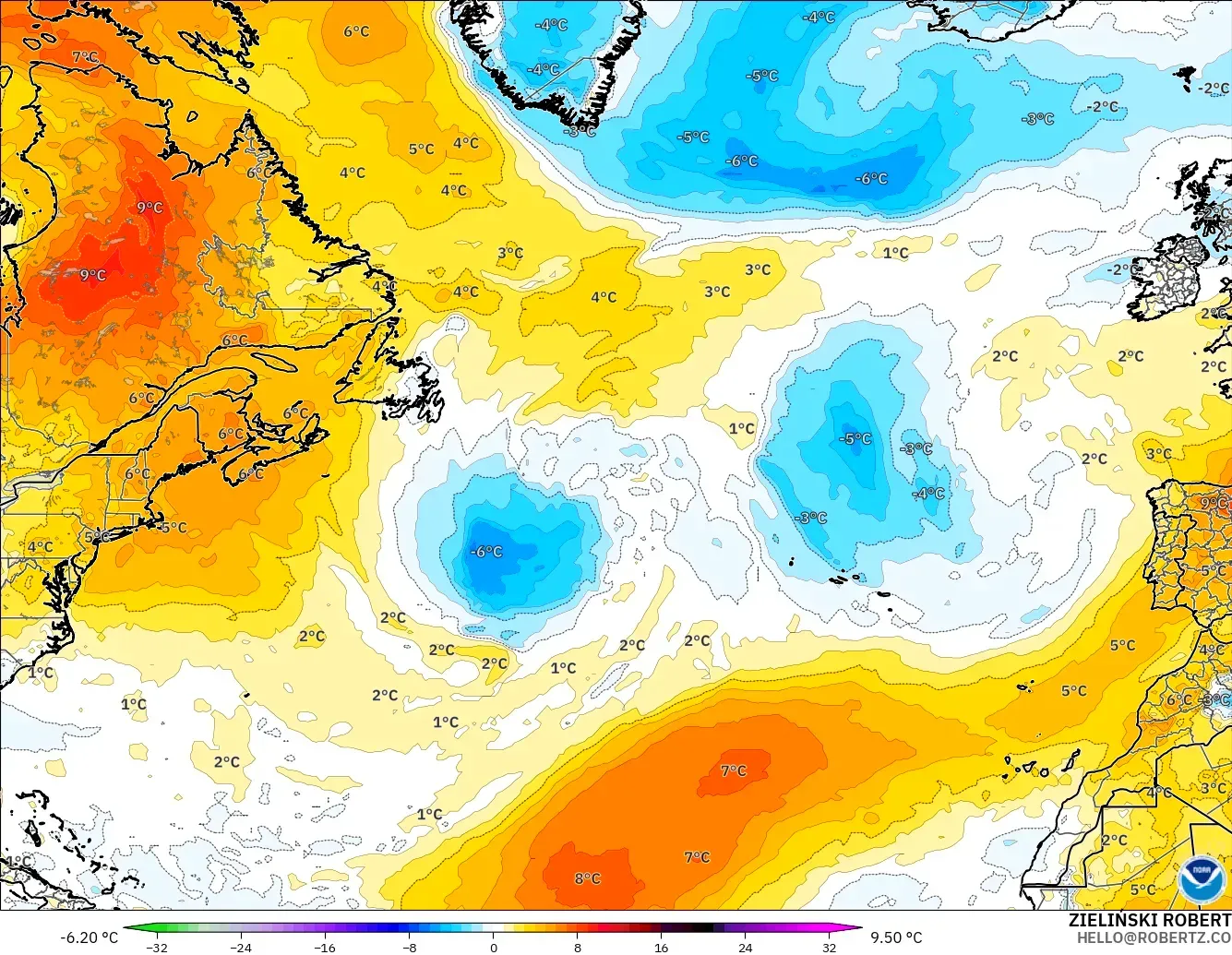 GFS modelo - Norte Atlántico, Anomalía de temperatura a 850 hPa