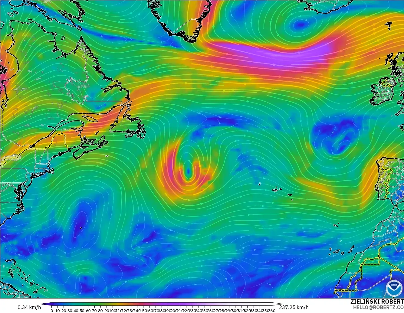 GFS modelo - Norte Atlántico, Viento a 300 hPa (corriente en chorro)