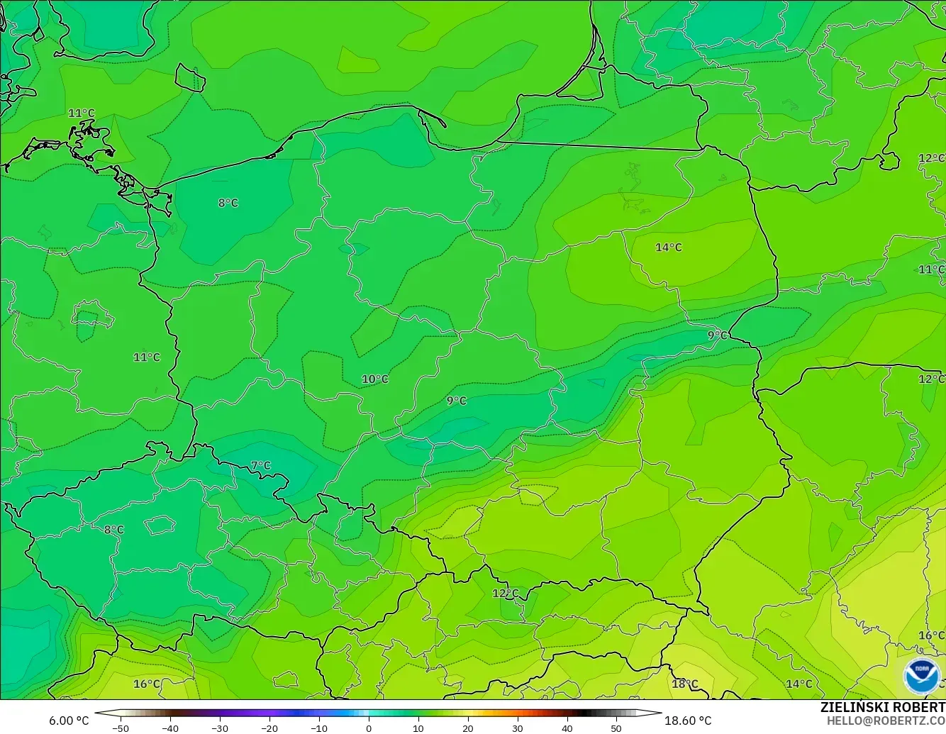 GFS modelo - Polonia, Punto de rocío a 2 m