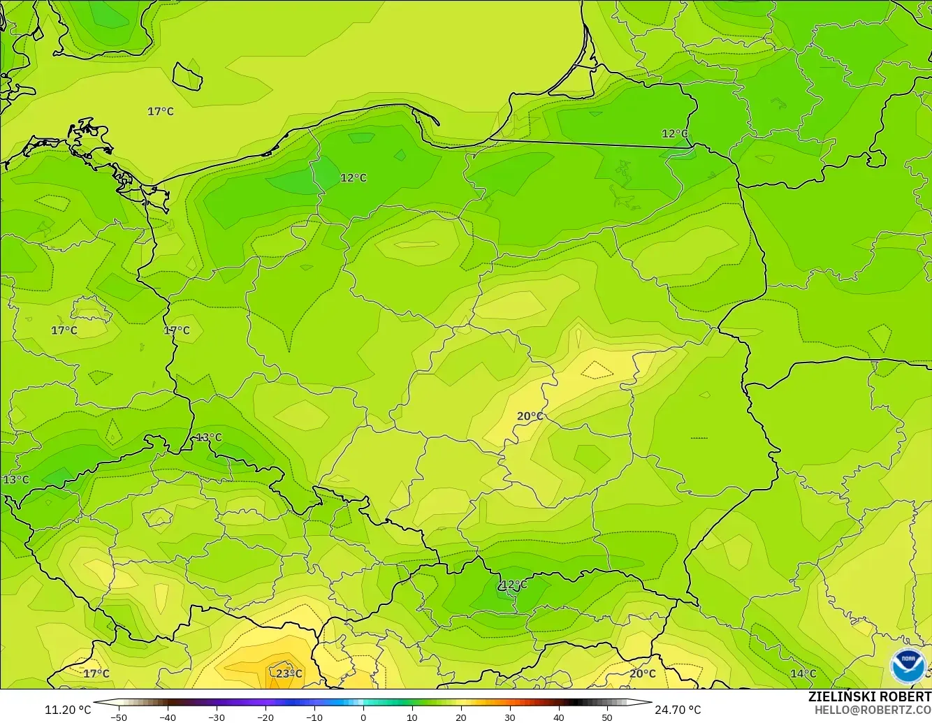 GFS modelo - Polonia, Temperatura a 2 m