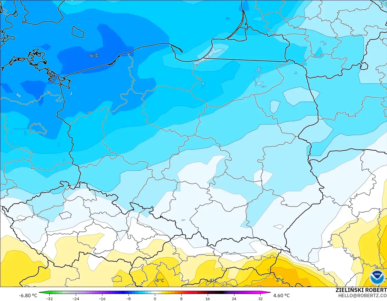 GFS modelo - Polonia, Anomalía de temperatura a 850 hPa