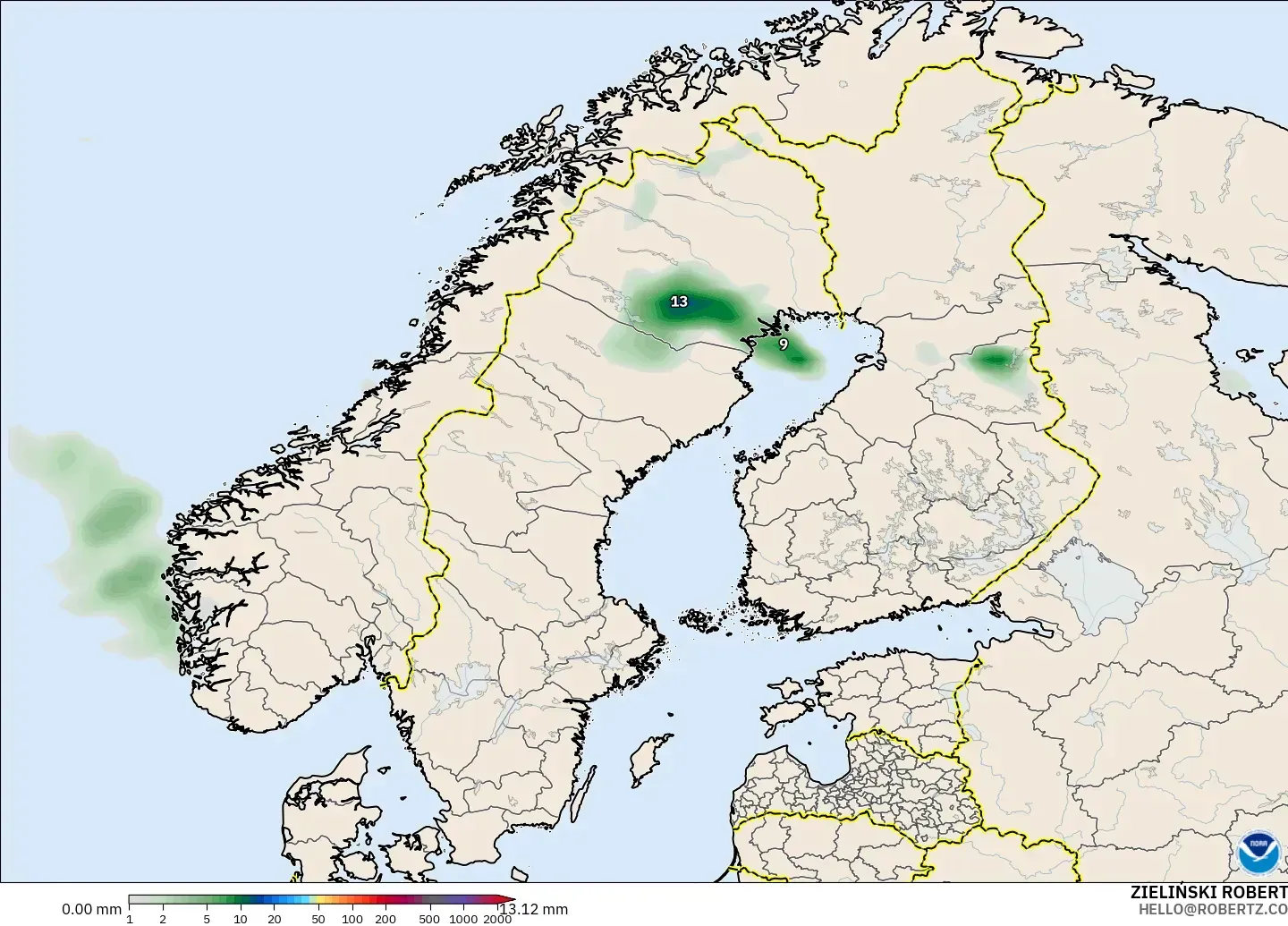 GFS modelo - Escandinavia, Acumulación de precipitación