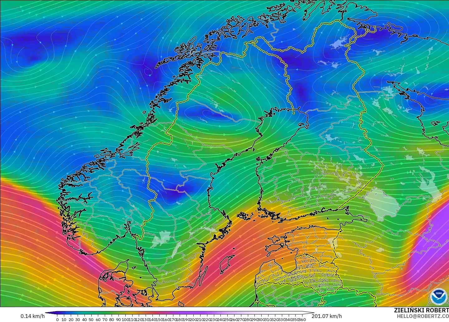 GFS modelo - Escandinavia, Viento a 300 hPa (corriente en chorro)