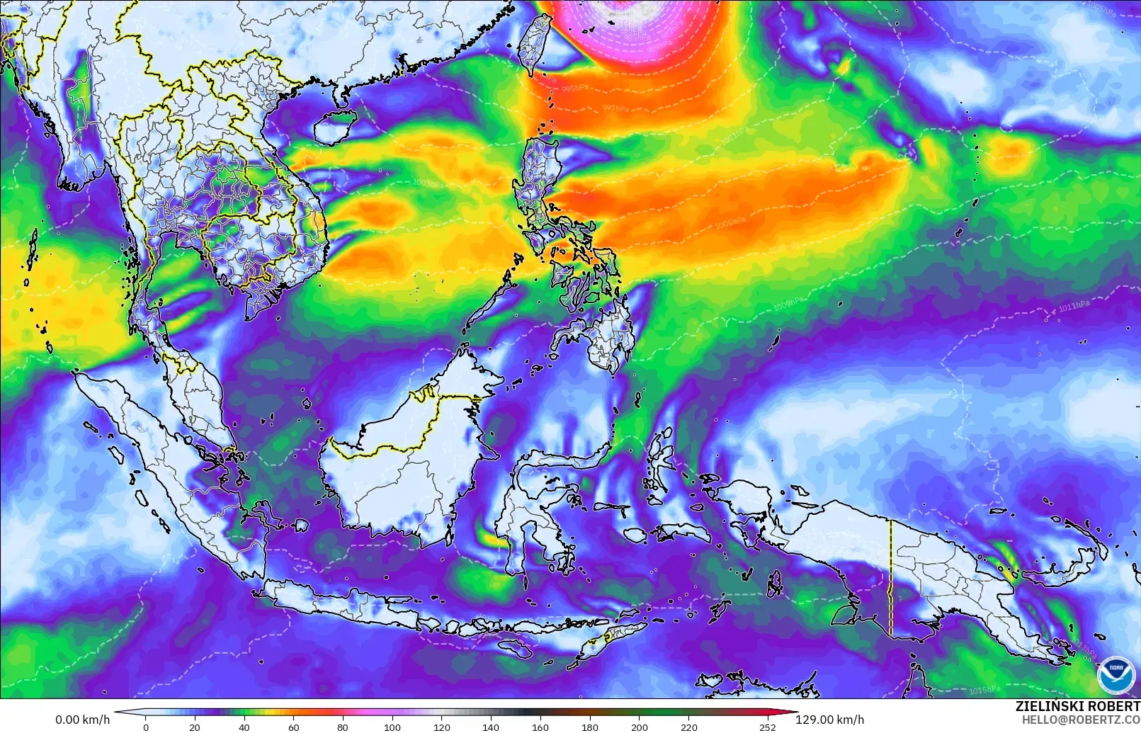 GFS modelo - Sudeste Asiático, Ráfagas de Viento Máximas