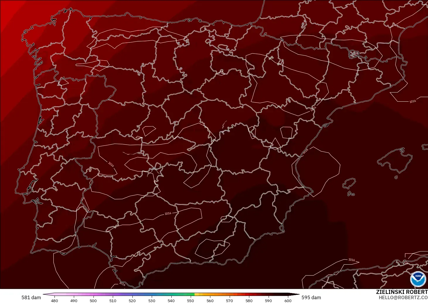 GFS modelo - España, Altura geopotencial a 500 hPa