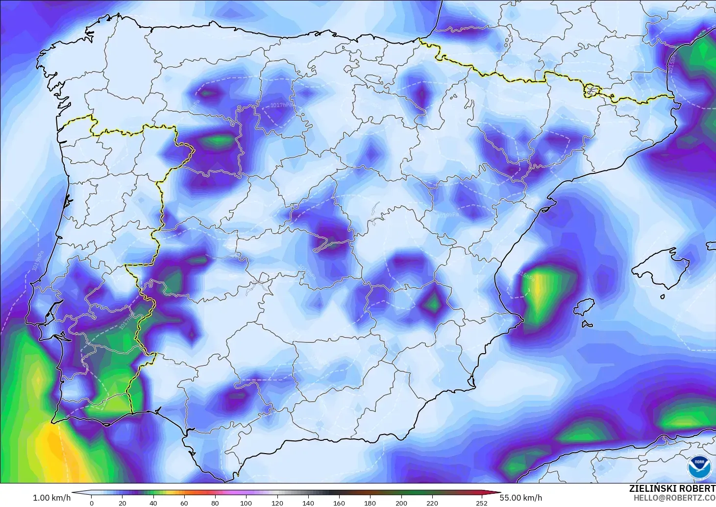 GFS modelo - España, Ráfagas de Viento Máximas