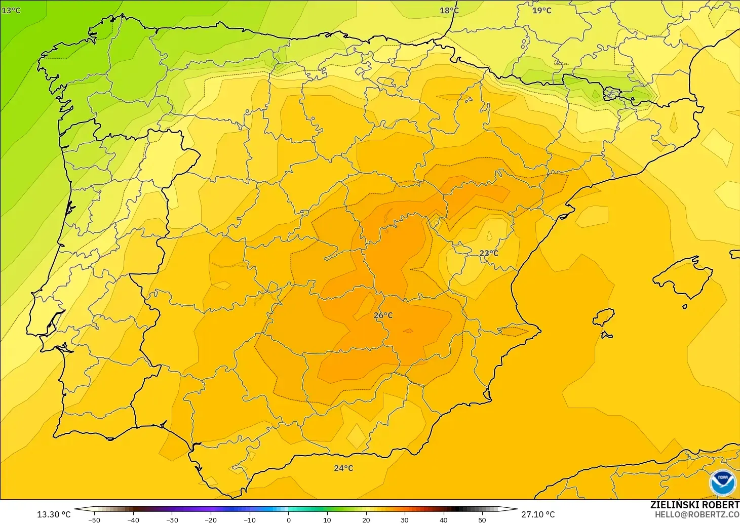 GFS modelo - España, Temperatura a 850 hPa