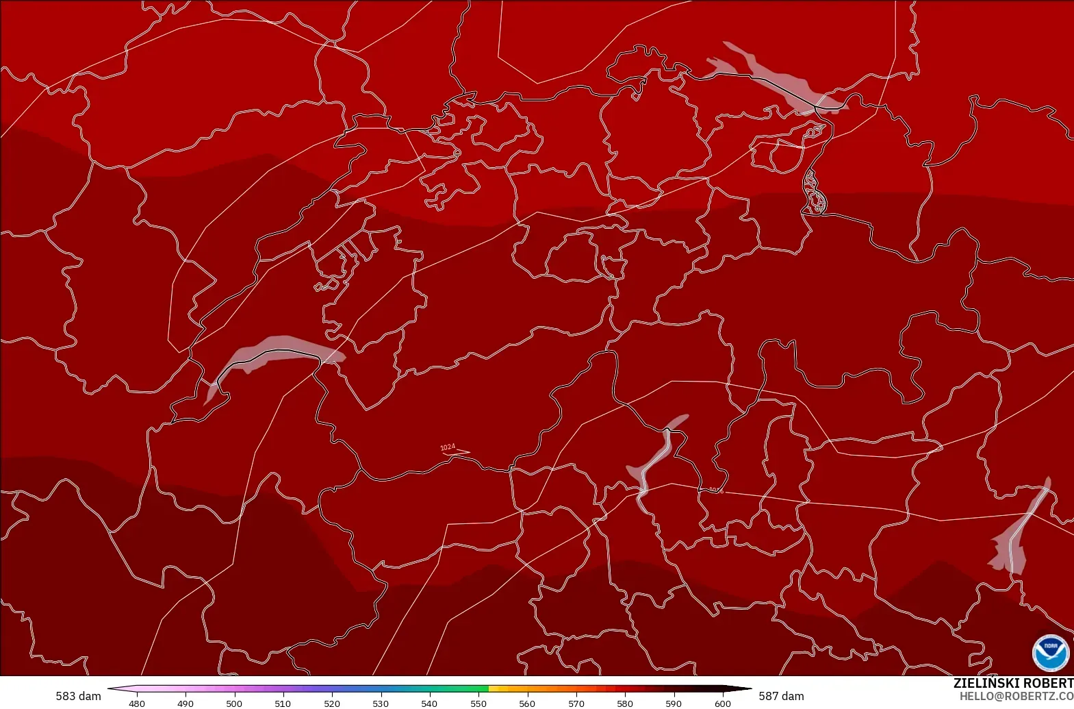 GFS modelo - Suiza, Altura geopotencial a 500 hPa