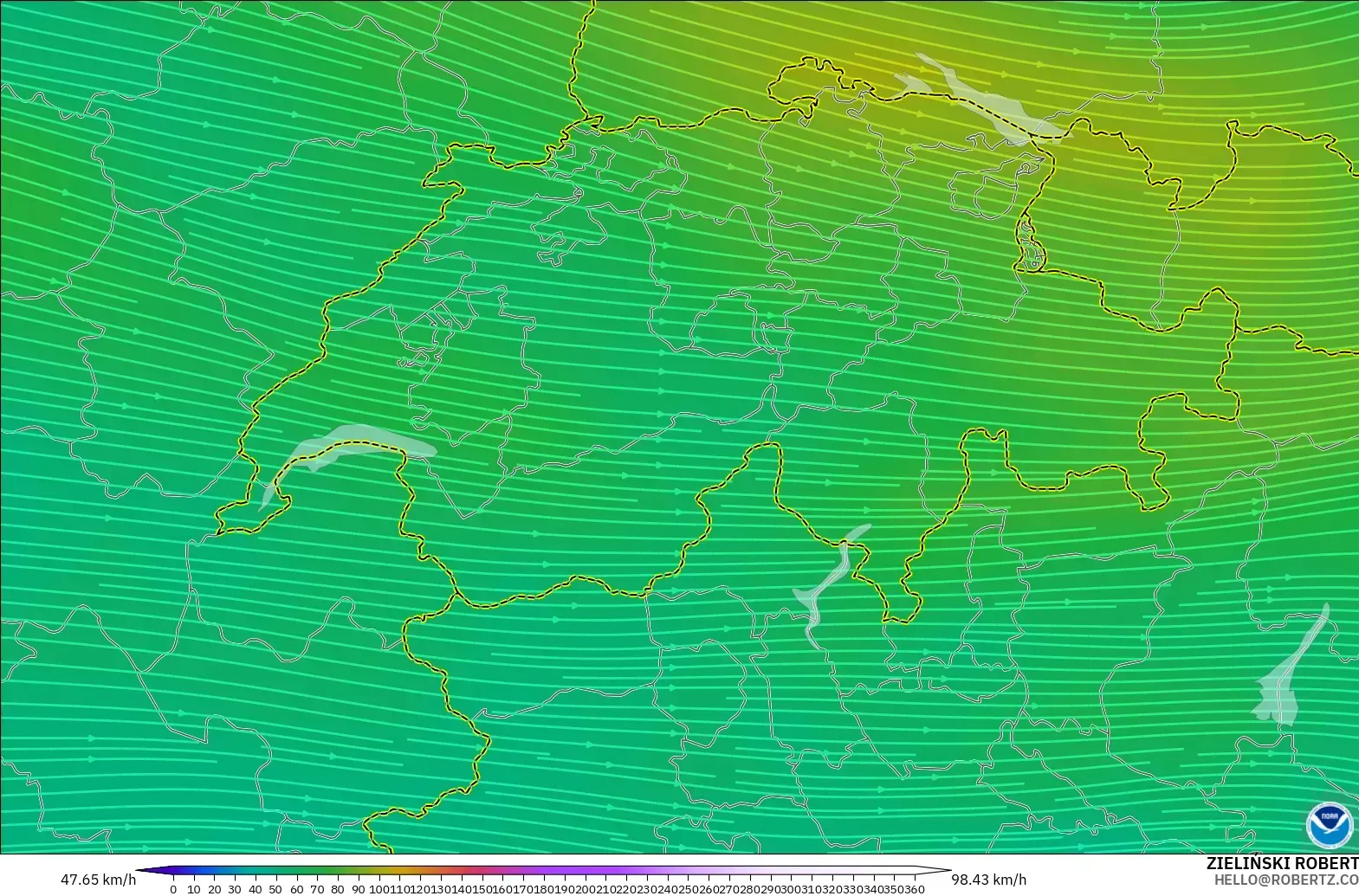 GFS modelo - Suiza, Viento a 300 hPa (corriente en chorro)