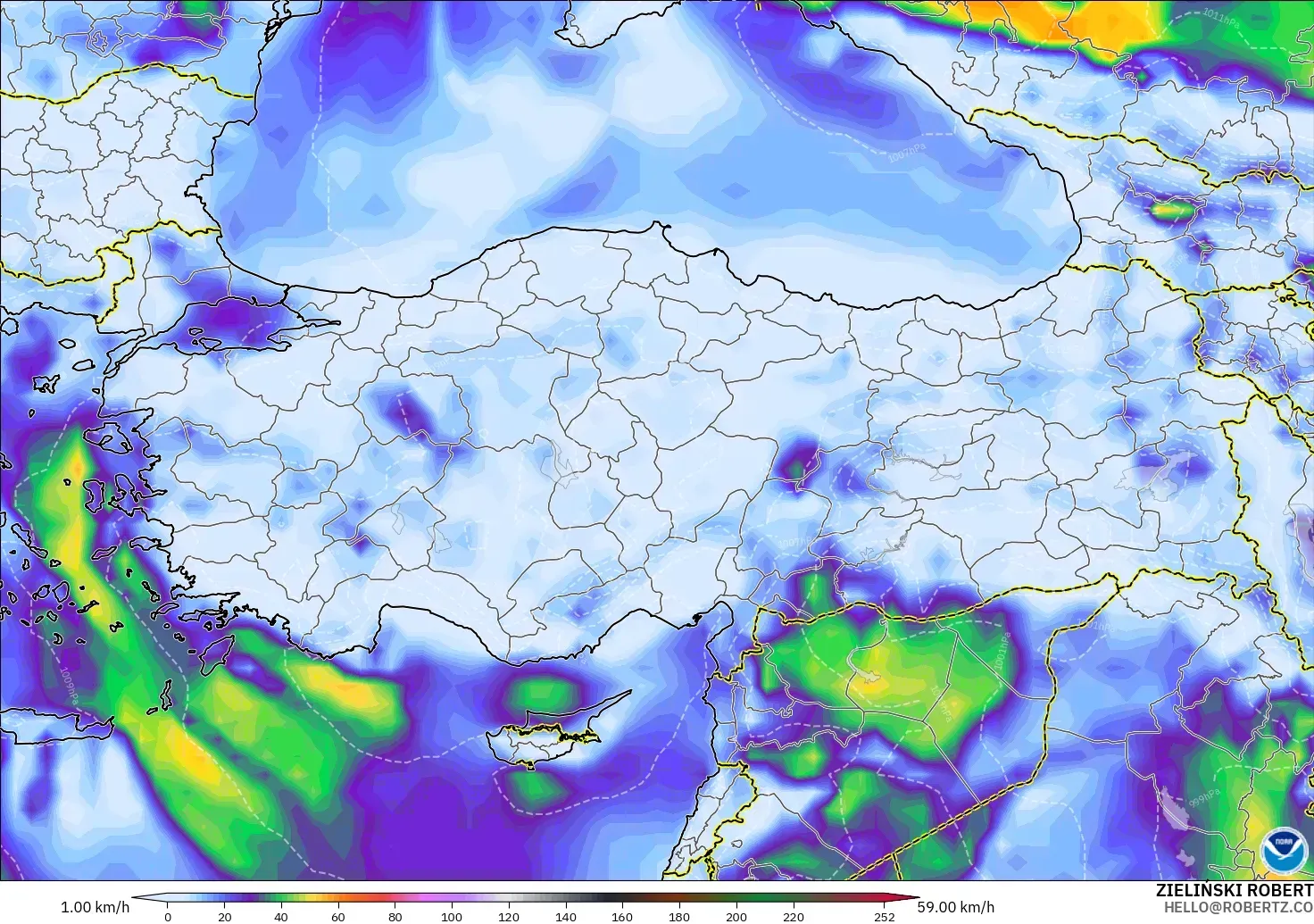 GFS modelo - Turquía, Ráfagas de Viento Máximas
