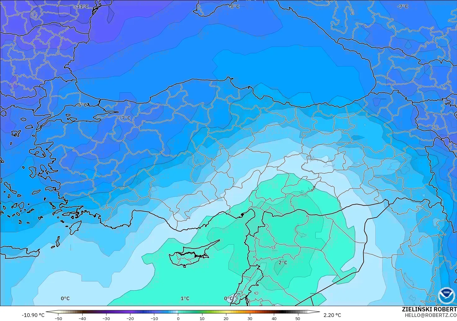 GFS modelo - Turquía, Temperatura a 500 hPa