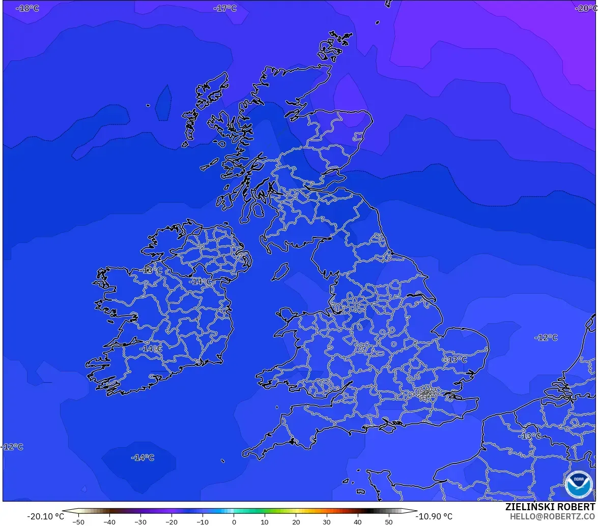 GFS modelo - Reino Unido, Temperatura a 500 hPa