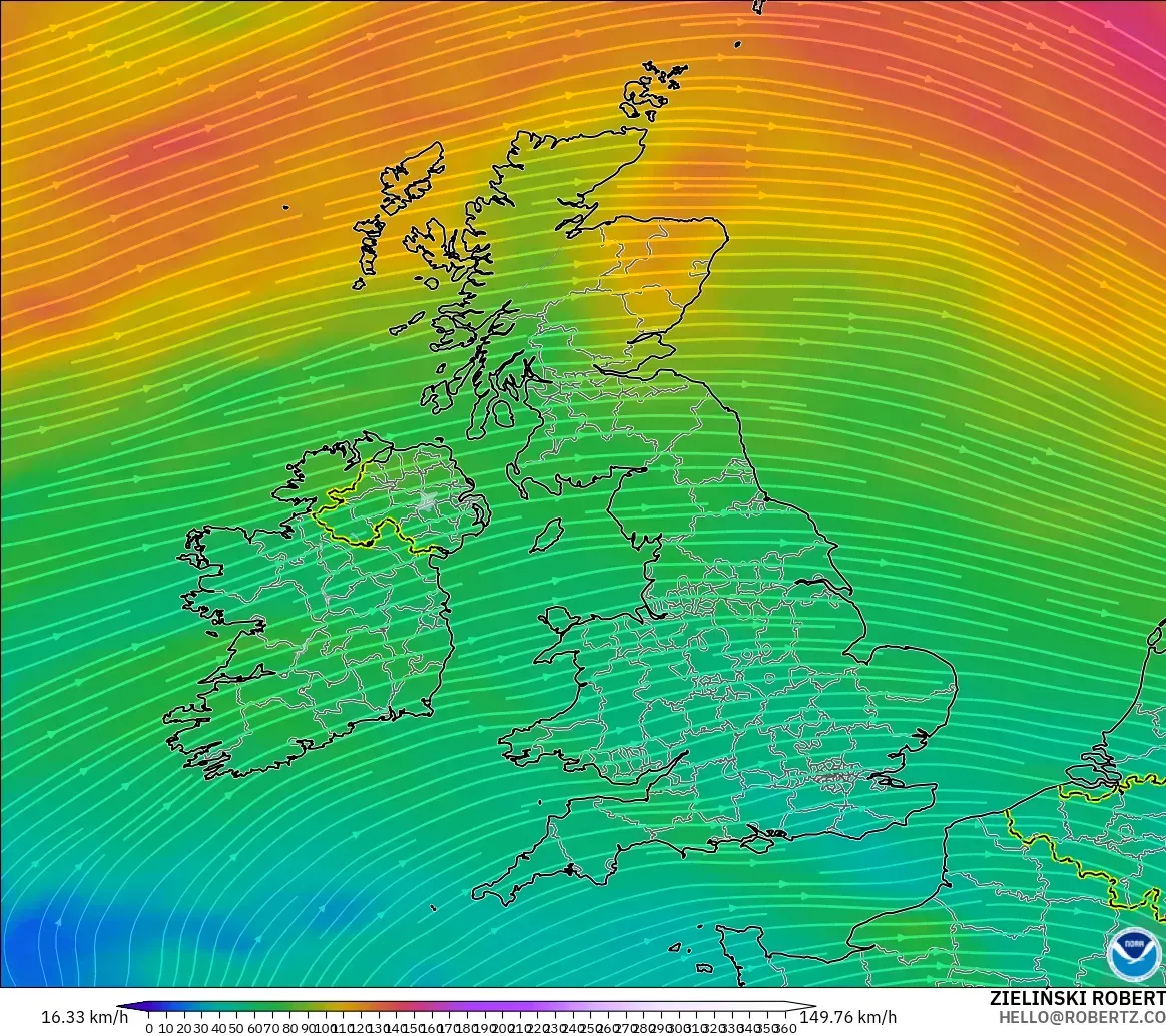 GFS modelo - Reino Unido, Viento a 300 hPa (corriente en chorro)