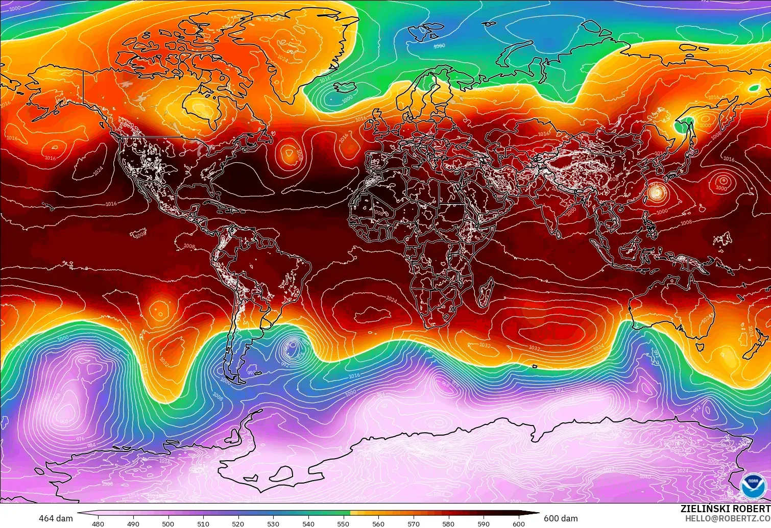 GFS modelo - Mundo, Altura geopotencial a 500 hPa