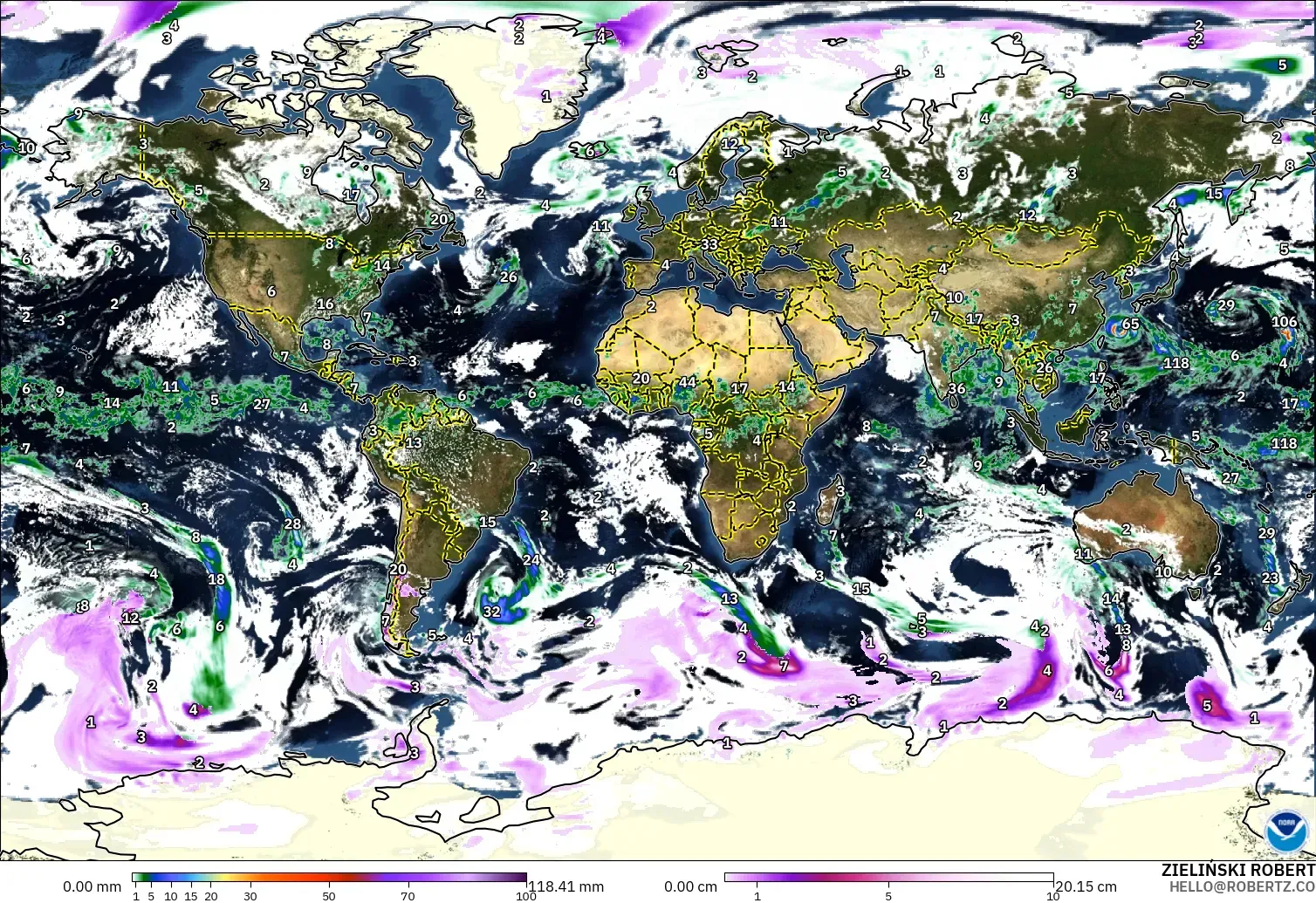GFS modelo - Mundo, Precipitación, nubes y presión