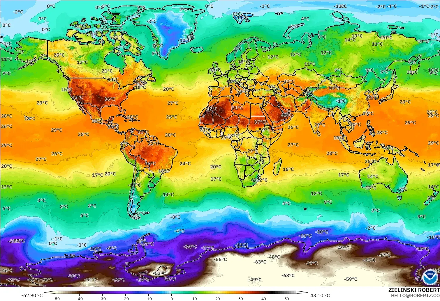 GFS modelo - Mundo, Temperatura a 2 m