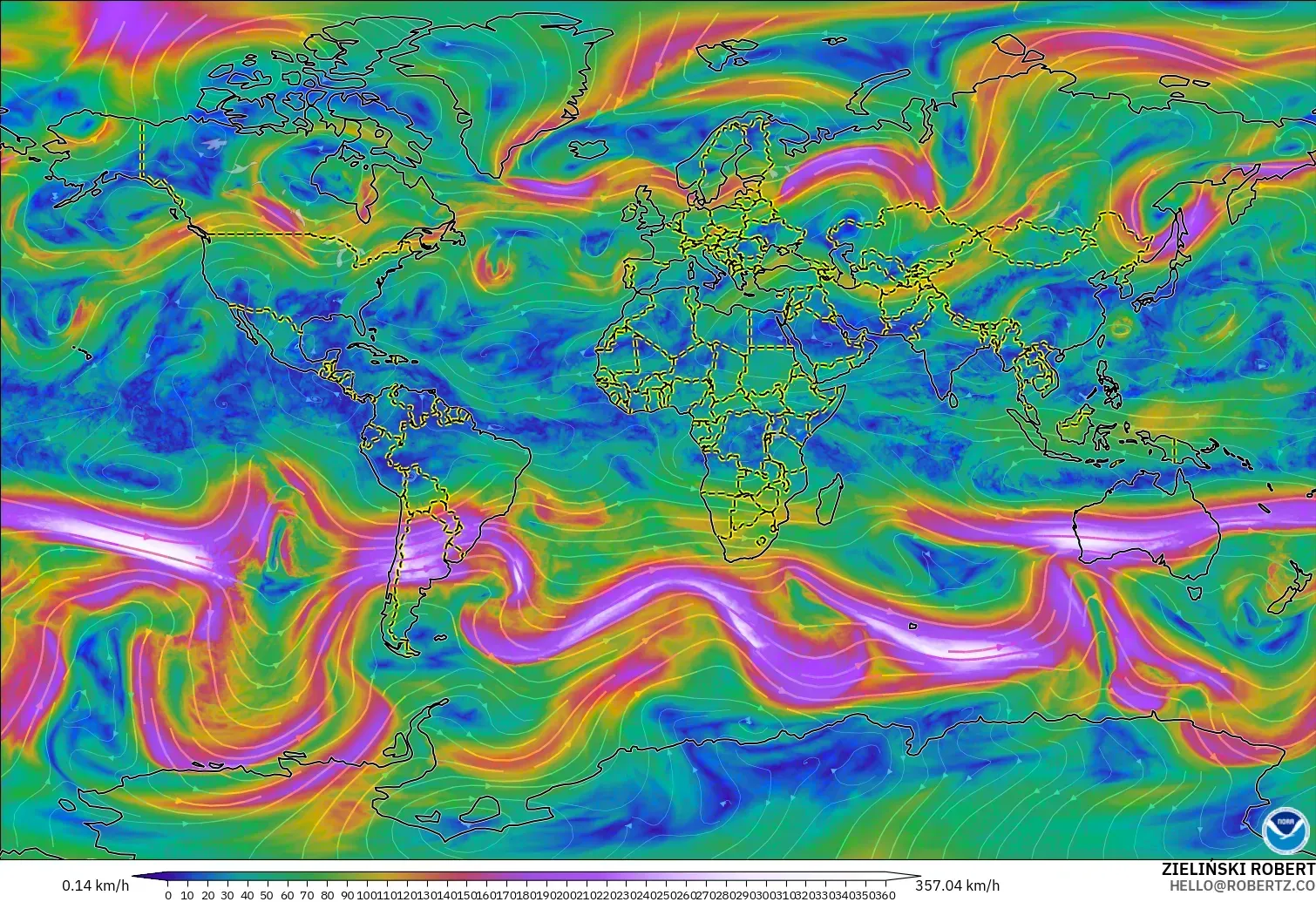 GFS modelo - Mundo, Viento a 300 hPa (corriente en chorro)