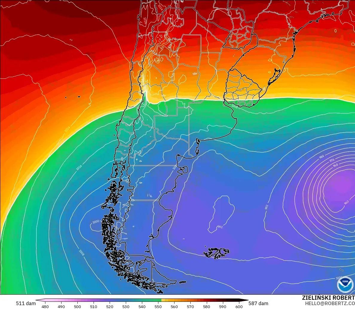 GFS modelo - Argentina, Altura geopotencial a 500 hPa