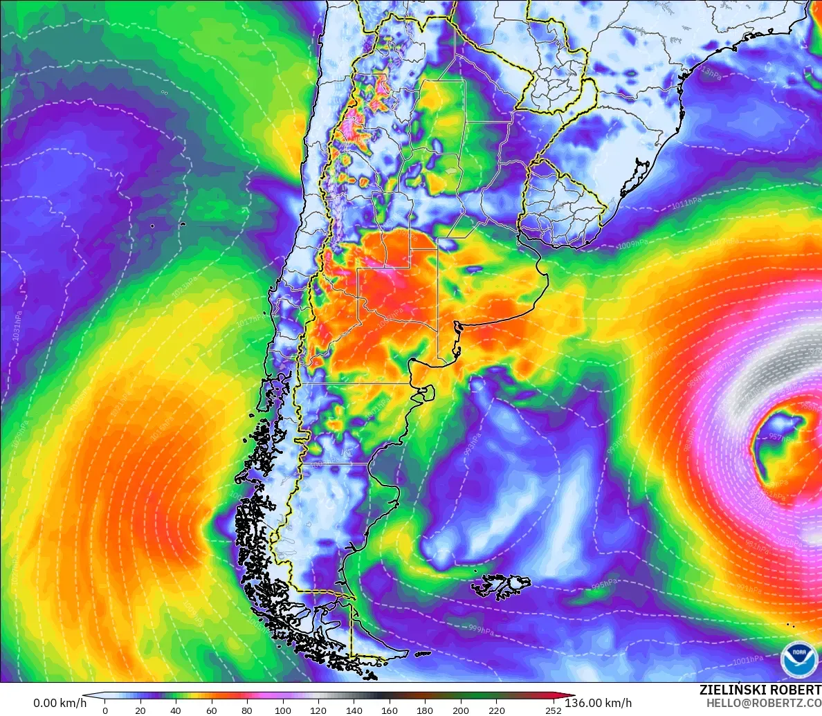 GFS modelo - Argentina, Ráfagas de viento