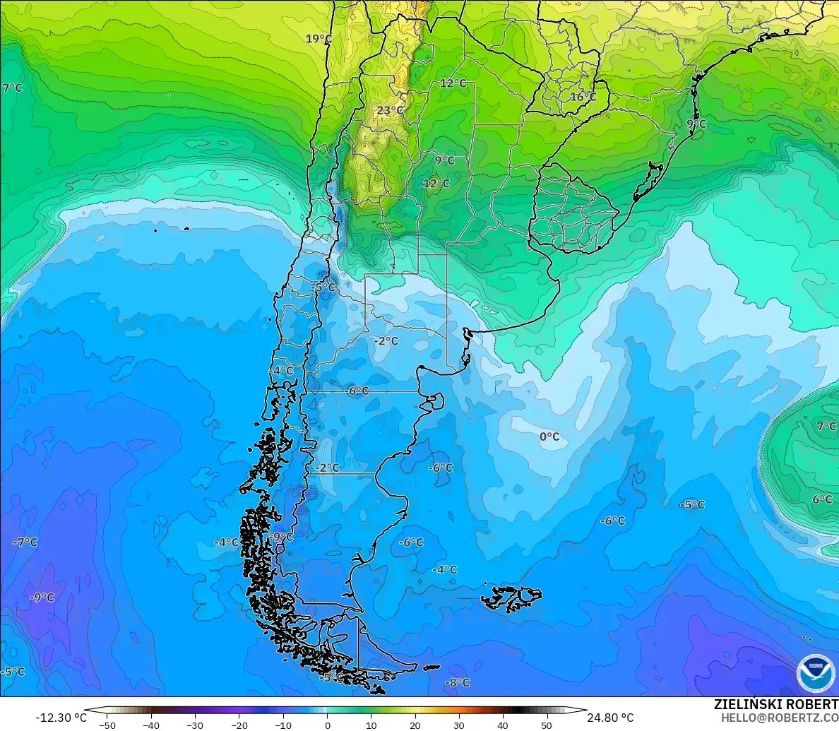GFS modelo - Argentina, Temperatura a 850 hPa