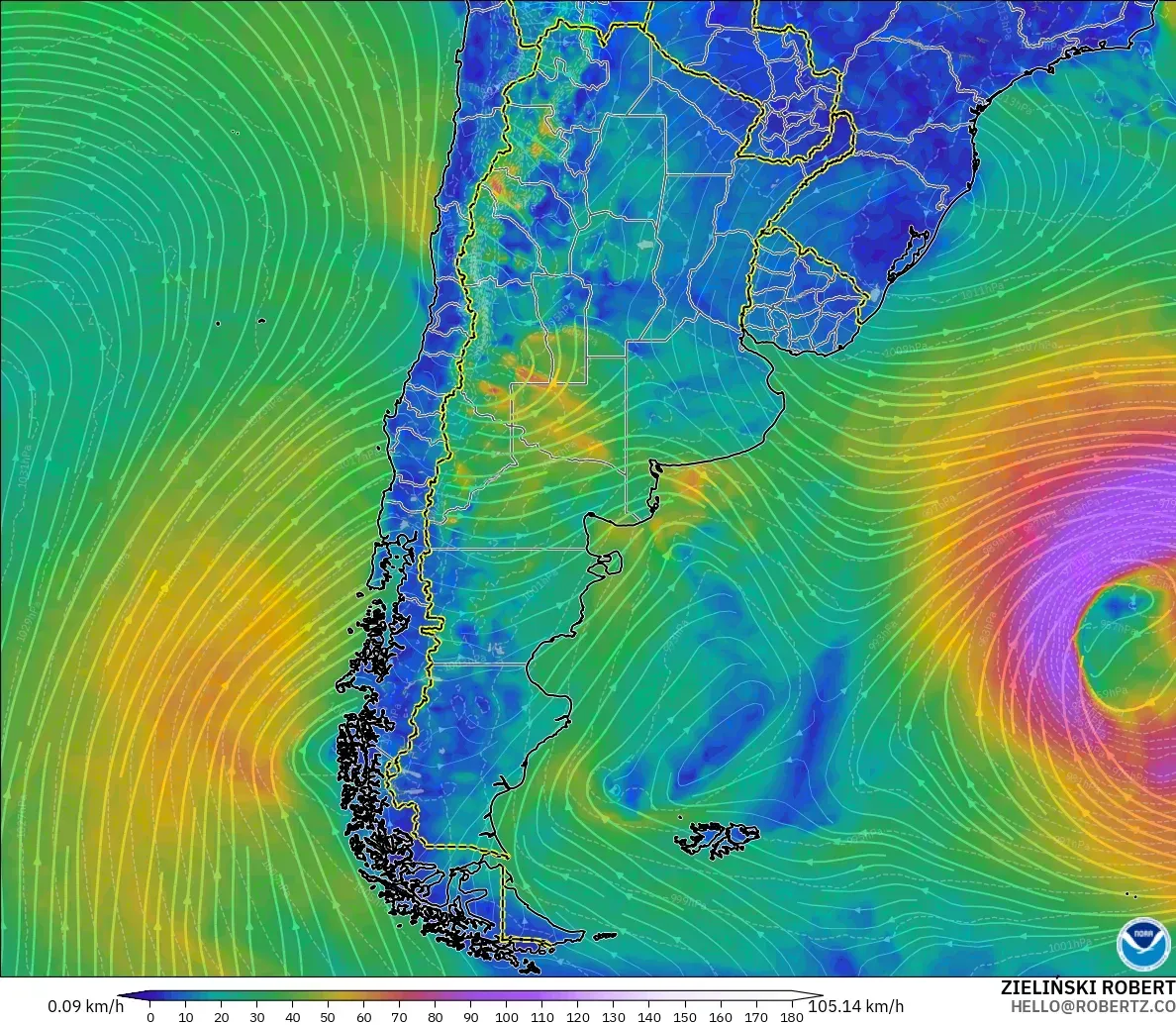 GFS modelo - Argentina, Viento a 10 m