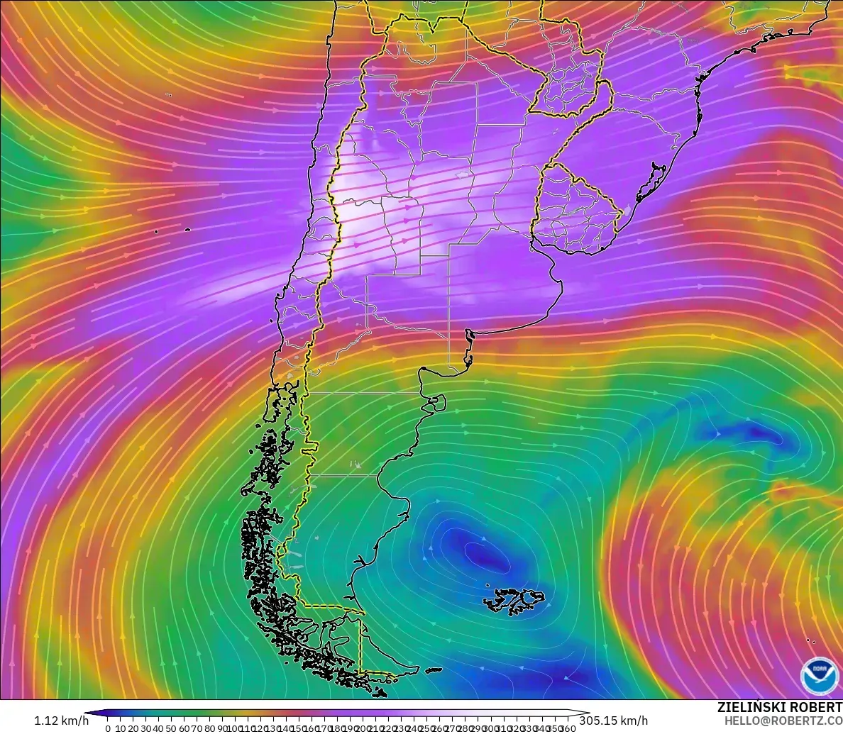 GFS modelo - Argentina, Viento a 300 hPa (corriente en chorro)