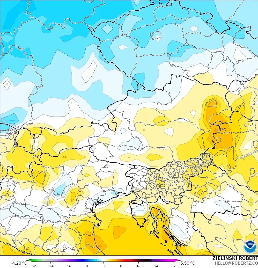GFS modelo - Austria, Anomalía de temperatura a 2 m