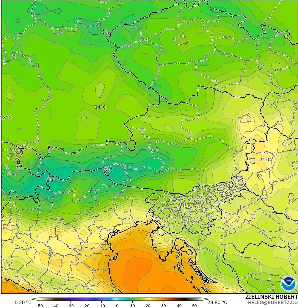 GFS modelo - Austria, Temperatura a 2 m