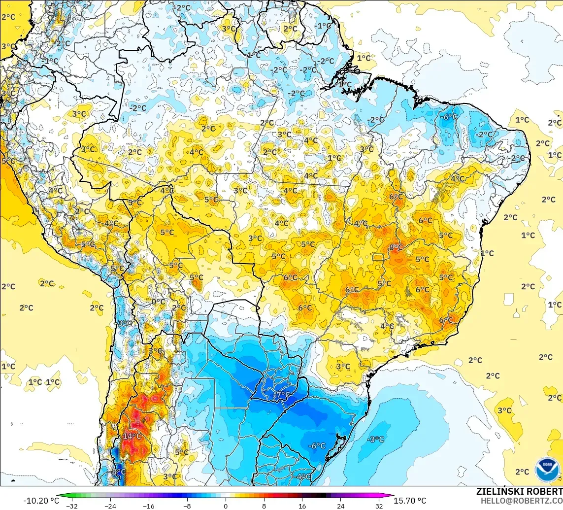 GFS modelo - Brasil, Anomalía de temperatura a 2 m