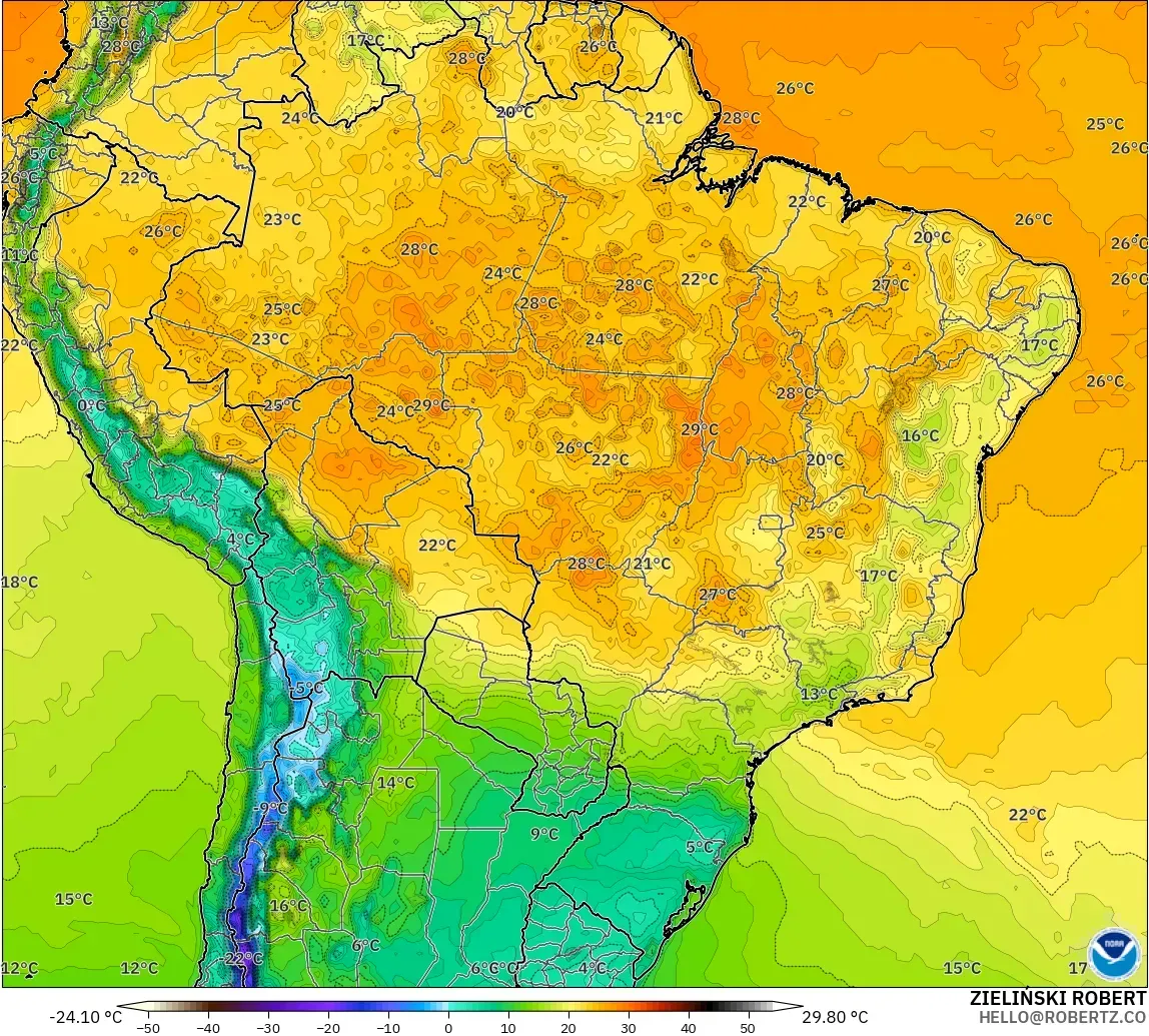 GFS modelo - Brasil, Temperatura a 2 m