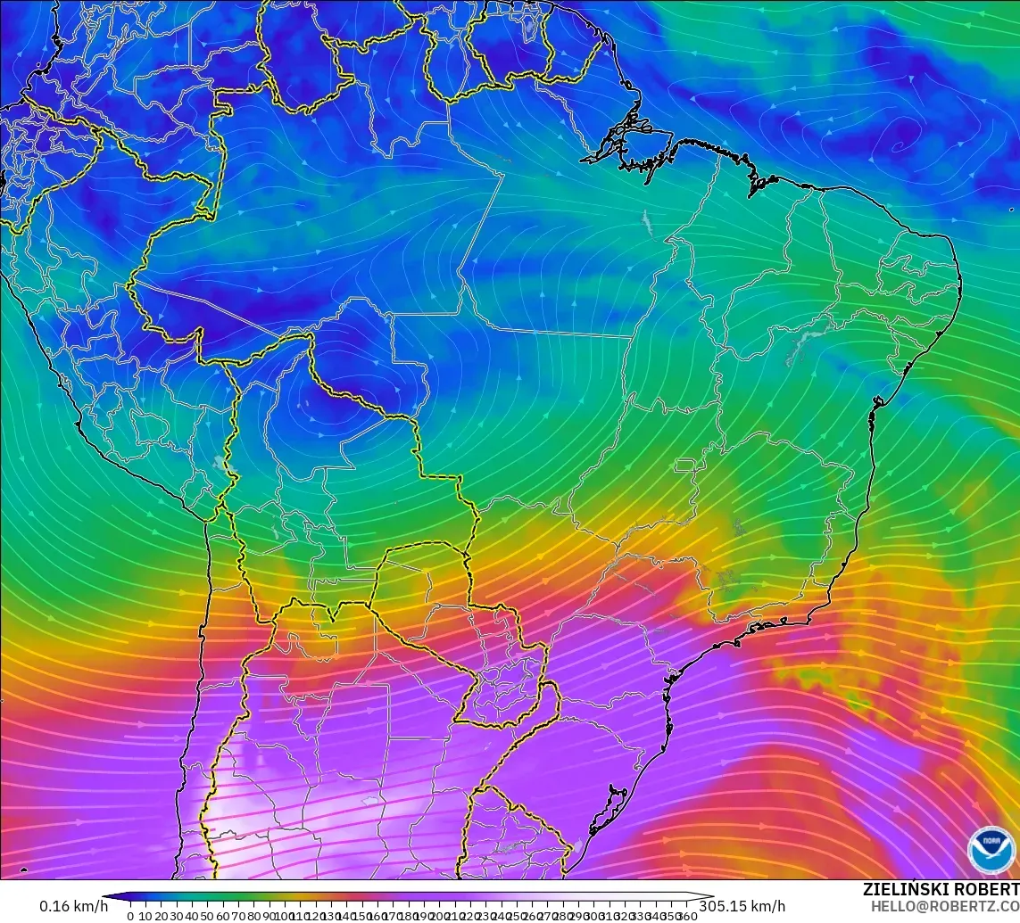 GFS modelo - Brasil, Viento a 300 hPa (corriente en chorro)