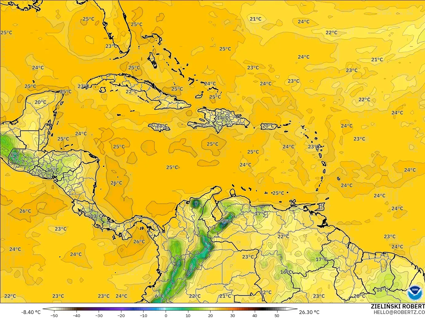 GFS modelo - Caribe, Punto de rocío a 2 m