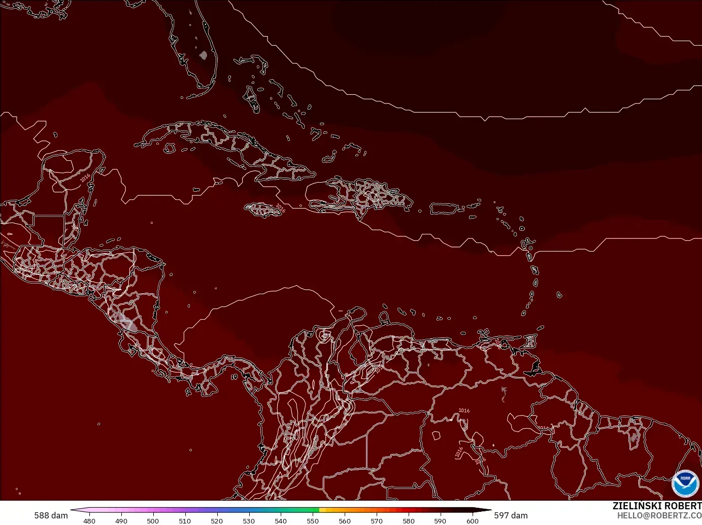 GFS modelo - Caribe, Altura geopotencial a 500 hPa