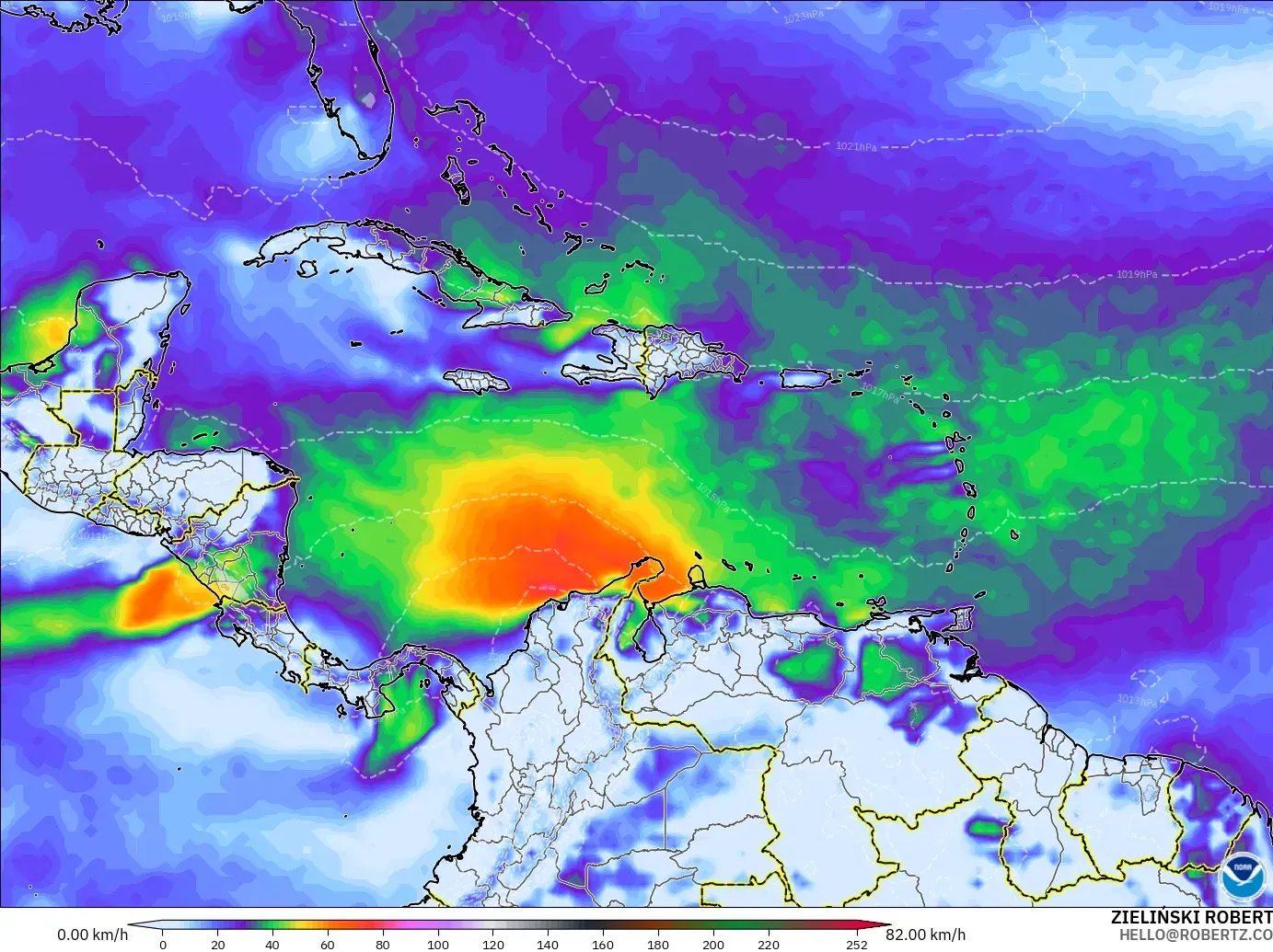 GFS modelo - Caribe, Ráfagas de Viento Máximas
